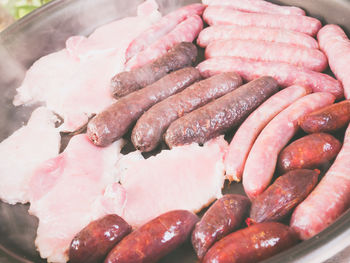 High angle view of meat in cooking pan