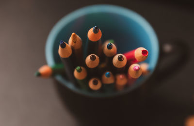 High angle view of multi colored candies on table