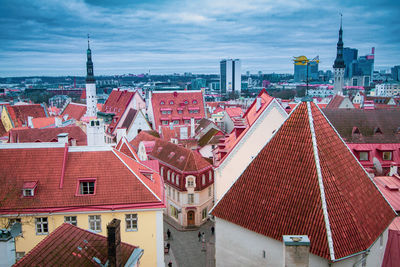 High angle view of buildings in city against sky