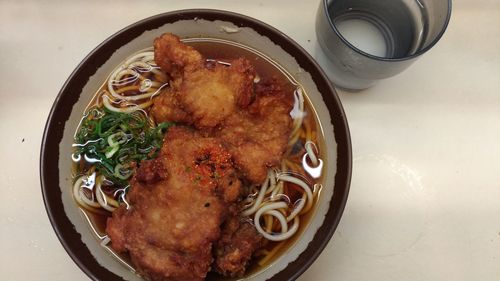 High angle view of food in plate on table