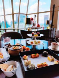 High angle view of breakfast served on table at restaurant