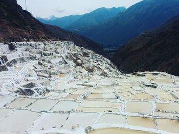 High angle view of mountain range against sky
