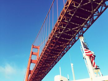 Low angle view of american flag and bridge against blue sky