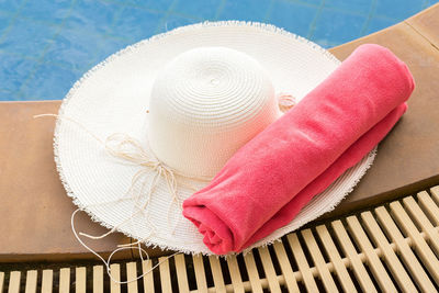 High angle view of hat on table