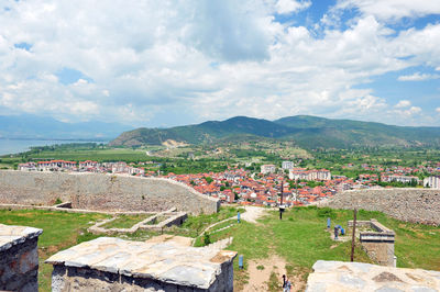 High angle view of townscape against sky