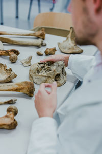 Human skull in handwith bones around for medical study