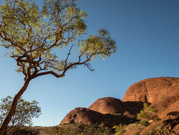 Low angle view of rock formation against clear blue sky