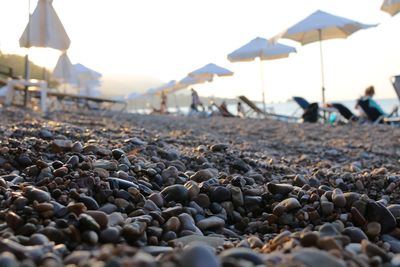 Surface level of pebbles on beach against sky