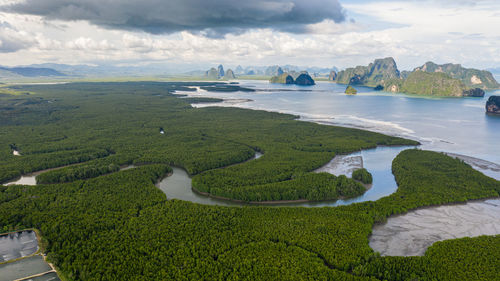 Landscape aerial view mangrove forest and limestone at samed nangchee viewpoint and landmark 