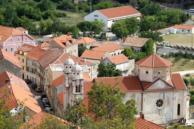 High angle view of buildings in town