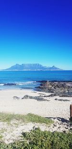 Scenic view of sea against clear blue sky