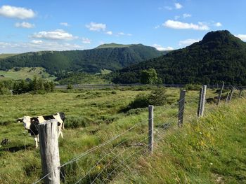 Wooden fence on field by mountains against sky