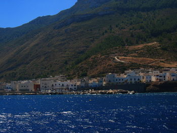 Scenic view of town against cloudy sky