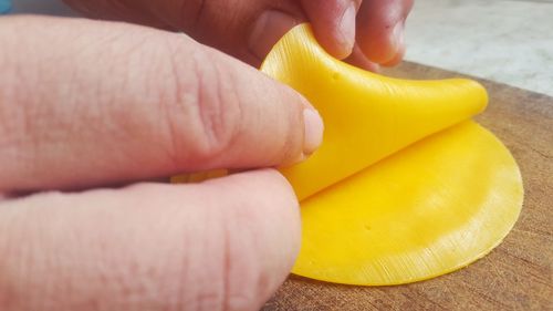 Close-up of person holding yellow hand