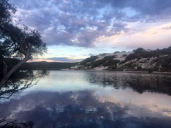 Scenic view of lake against sky at sunset