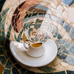 High angle view of coffee cup on table