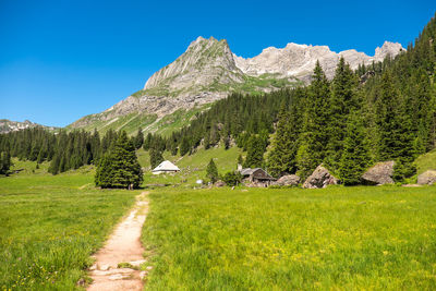 Scenic view of rocky mountains in front of green landscape against sky on sunny day