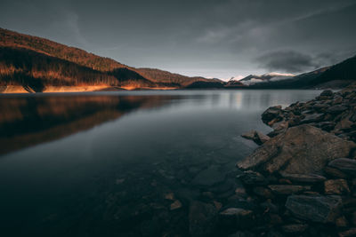 Scenic view of lake against sky during sunset