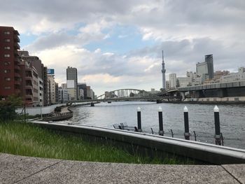 River by buildings in city against sky