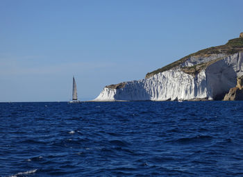 Scenic view of sea against clear blue sky