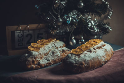 Christmas holiday stollen. national german pastry. beautiful decoration. festive dish. 
