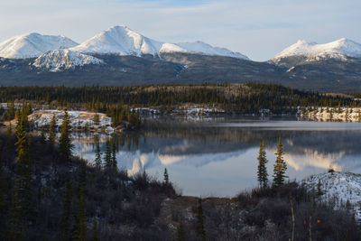 Scenic view of lake by snowcapped mountains against sky