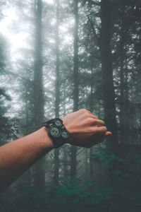 Cropped hand of man wearing wristwatch against trees