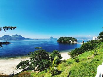 Scenic view of sea against clear blue sky