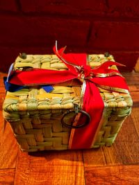 Close-up of wicker basket on table