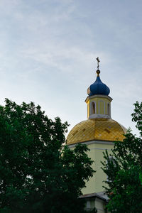 Low angle view of trees and building against sky