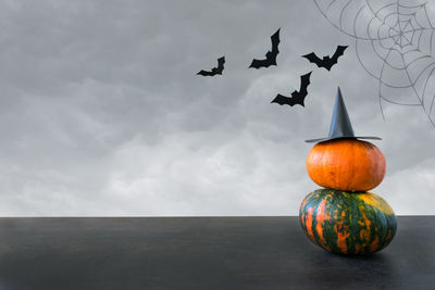 High angle view of pumpkins on table against sky