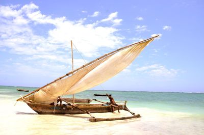 Boat sailing in calm sea against the sky