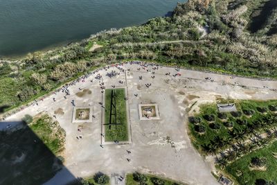 High angle view of built structure by sea