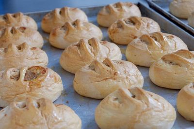 Close-up of baked food in tray