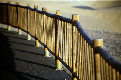 Close-up of metal railing by fence