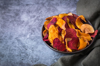 High angle view of fruits in bowl on table