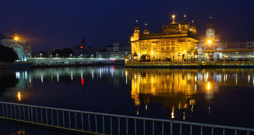 Reflection of building in lake at night