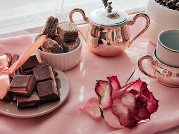 High angle view of dessert in plate on table