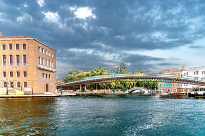 River by buildings against cloudy sky