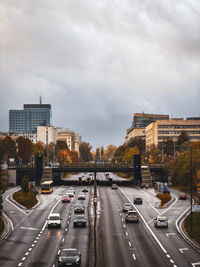 High angle view of city street against sky