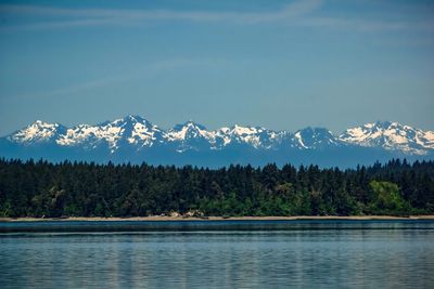 Scenic view of lake by mountain against sky