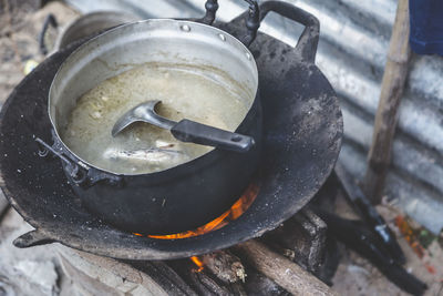 High angle view of meat in cooking pot