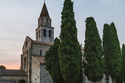 Low angle view of trees and building against sky