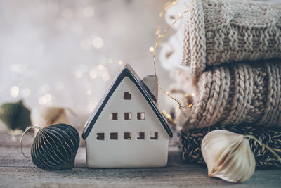 Close-up of christmas decorations on table