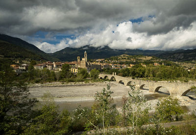 Scenic view of landscape and buildings against sky