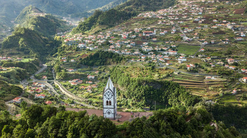 High angle view of trees and buildings