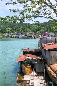 Scenic view of lake by building against sky