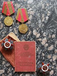 High angle view of coins on table