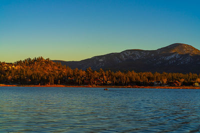 Scenic view of lake against clear blue sky