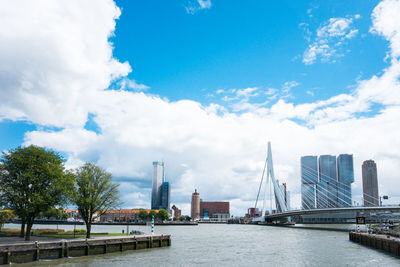 Erasmus bridge over river by buildings against cloudy sky in city